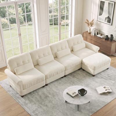 "GDFStudio - Chenille 126.7"" 4-Seater Modular Sofa with Ruffled Edge, Lumbar Pillows and One Ottoman"