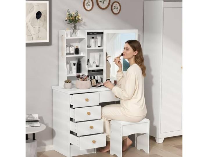 Maixhae Schminktisch, Schminktisch Kinder Mädchen mit 6 Schubladen und Schiebefunktion, 80cm Dressing Table aus Holzoptik, Moderner Schminktische Mädchen 80×37×122 cm Weiß Klein