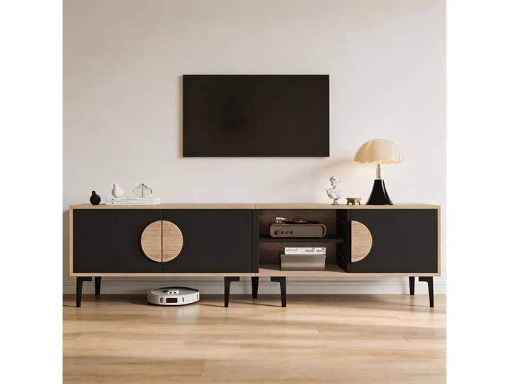 Meuble TV - 180x35x49 cm - 3 armoires - Chêne/Noir - Support 80 pouces
