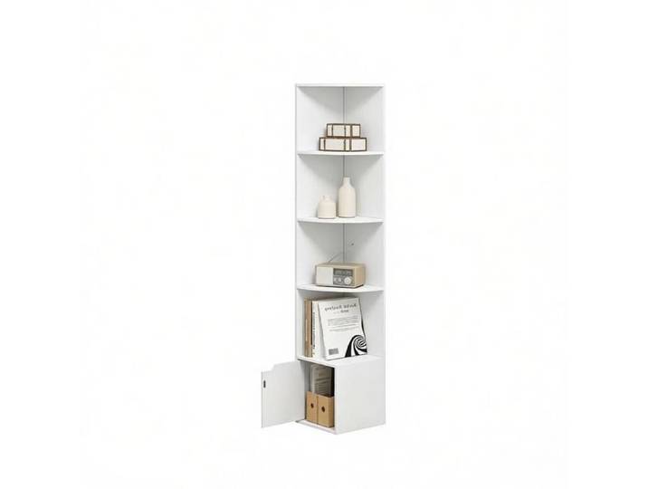 Bibliothèque d'angle sur pied – 5 étagères ouvertes et placard avec porte – blanc