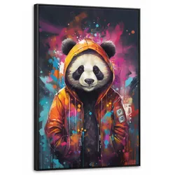 LEINWAND Bilder mit Rahmen - Panda - Jacke - Graffiti - Orange - 60x90