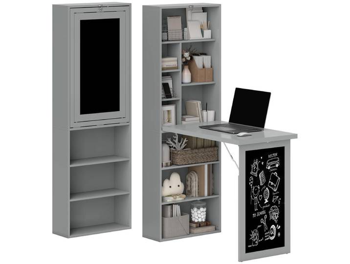 Bureau avec rangement mural pliable et rabattable, bibliothèque, poste de travail, tableau à craie et étagère réglable