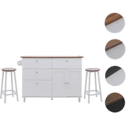 Kücheninsel HWC-P62 mit 2 Sitzhockern, Küchenschrank Schublade Staufächer MDF 90x131x47cm ~ weiß, helles Holz
