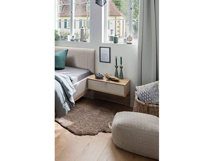 WIEMANN Barcelona Nachtschrank, Nachttisch, Nachtkommode, Nachtkonsole, 2er Set, hängend, Breite 60 cm, schwebend, Bianco Eiche, Griffe Chrom, 60x48x43 cm