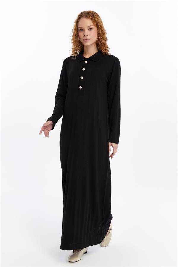 Dames Overhemd Kraag Detailed Half stolp Thin Seasonal Cold Yarn Gebreide kleding Jurk Zwart