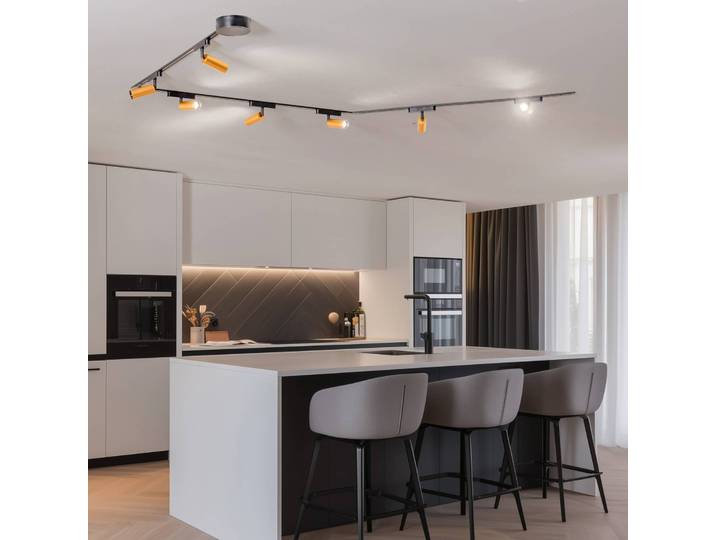 Schienensystem Lumaro, Spots, 7-flg., gold, Ø4cm,48V,dimmbar Lumaro 48V Lindby, dimmbar, schwarz, für Wohn- / Esszimmer, Aluminium, Modern