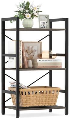 Costway 4-Tier Bookshelf with Metal Frame and Wooden Storage Racks for Study-Oak
