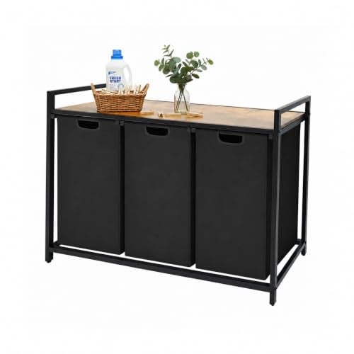 Relaxdays Wasmand met 3 vakken, zwart-bruin, met houtlook plank en afneembare zakken