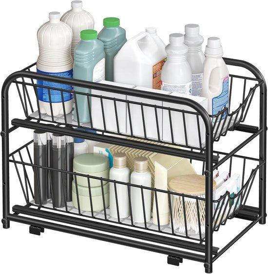 Stapelbare en uitschuifbare keukenorganizer met 2 niveaus, zwart