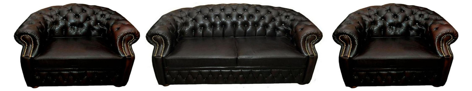 Chesterfield Couchgarnitur van Leer met 2 Fauteuils in Donkerbruin