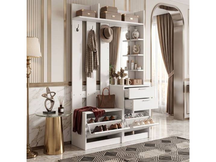 Vestiaire d'Entrée 110x34x185cm avec Miroir & Rangement Buffet Meuble Chaussures Pliant Design Blanc - Blanc