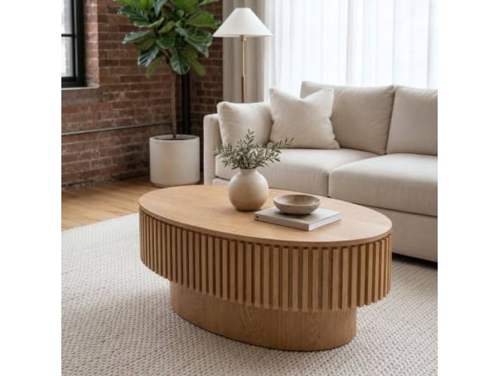Yabunzel 98 cm Moderner Ovaler Couchtisch mit Stauraum, Holzoptik,Naturholz Moderner ovaler Sofatisch mit Fluted Design und abnehmbarem Deckel, Beistelltisch & Kaffeetisch mit verstecktem Stauraum