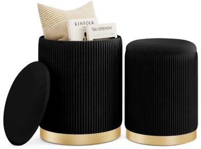 Costway Velvet/Linen Fabric Storage Ottoman Set of 2-Black