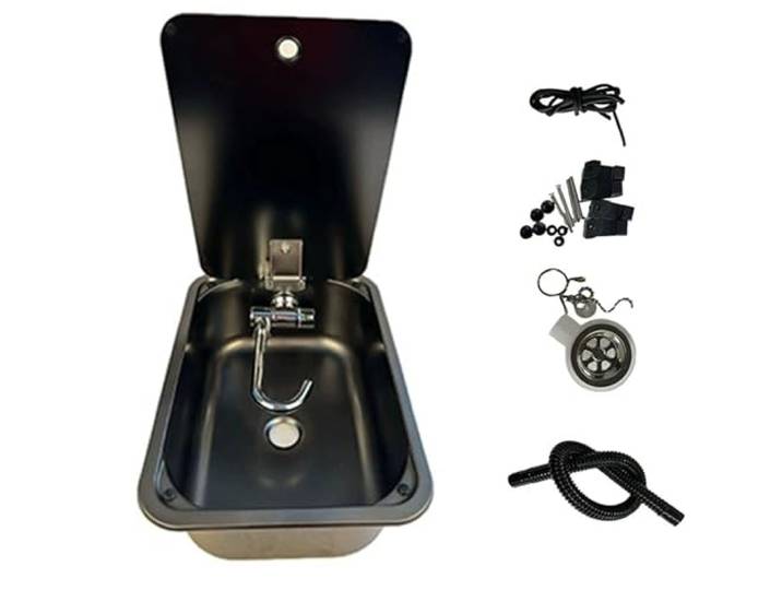 Camping Waschbecken mit Glasdeckel, RV Wohnmobil Spülbecken, Edelstahl 304, mit Ablaufgarnitur, Klapphahn Inklusive, für Wohnmobilanhänger, Yachten, 380 X 280 X 146 Mm, Schwarz