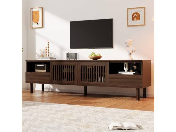 180cm TV‑Schrank aus MDF‑Holz, TV‑Lowboard mit 2 Gittertüren & 2 Schubladen, Fernsehschrank mit offenen Fächern,Massivholzbeine für Wohnzimmer, Geeignet für Fernsehgeräte von 55‑75 Zoll ,180×40×51 cm