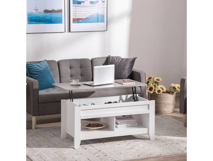 HOMCOM Table Basse Relevable Bois Blanc avec Rangement 105cm