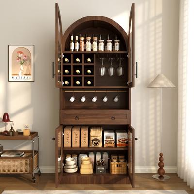 GREATPLANINC "70"" Tall Arched Bar Cabinet with Wine Racks and Display Case"
