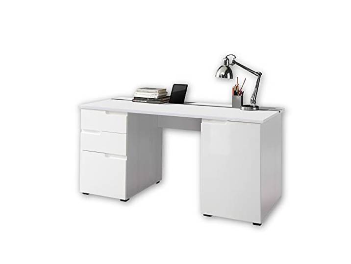 Stella Trading SPICE Schreibtisch mit Schubladen, Hochglanz Weiß - Bürotisch Computertisch fürs Homeoffice mit Stauraum und praktischer Tabletleiste - 158 x 76 x 67 cm (B/H/T)