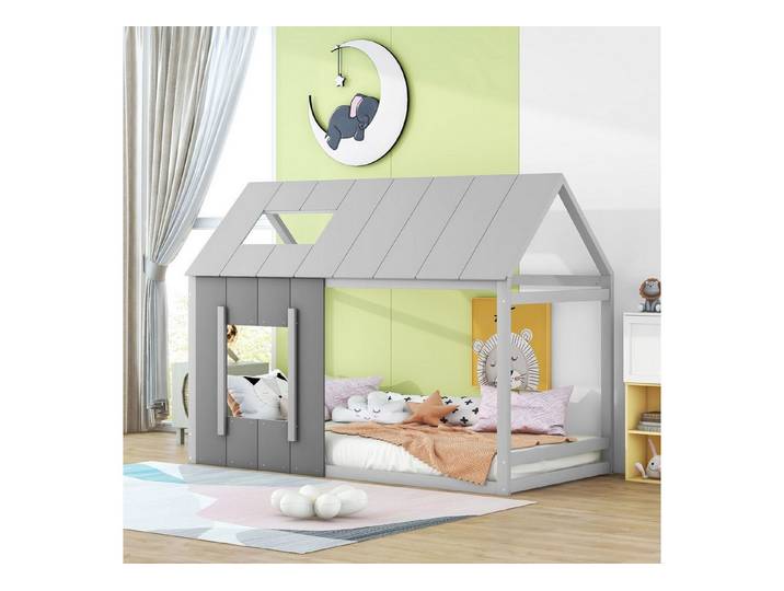 IDEASY Kinderbett Holzhaus Kinderbett 90x200cm, Einzelbett mit Dach & Fenster (Kreatives Design, Ohne Matratze, Aus Massivholz), Stilvolles Jugendbett mit Sicherheitsstandards, Leicht zu montieren