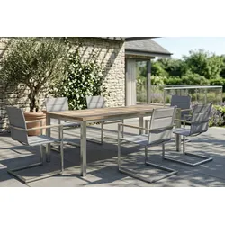 OUTFLEXX Garten-Essgruppe, Edelstahl/recyceltes Teak, Tisch 180 x 90 cm, 6 Freischwinger padded, silber, FSC®-zertifiziertes Produkt