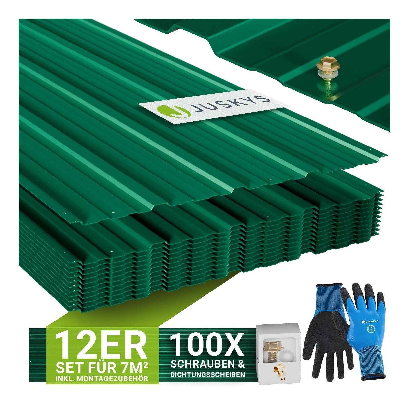 JUSKYS® Profilblech Grün - 12er Set, 129x45 cm, 0,23 mm, verzinkter Stahl, UV-beständig, hohe Tragfähigkeit, mit vorgebohrten Löchern