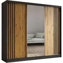 KLEIDERSCHRANK mit Spiegel-Schiebetüren und Aluminium-Leisten - NALLA - 240 cm Schwarz+Artisan+Schwarz