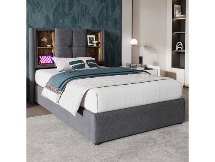 Lit simple - Rembourré - 90x200cm - Charge sans fil - Rangement - Gris coton