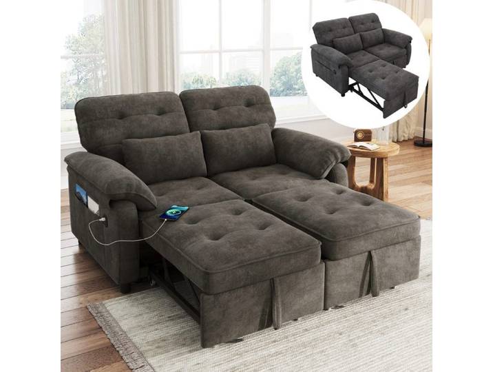 Canapé-lit 2 places 3 en 1 Canapé convertible Canapé pliable en chenille avec dossier réglable ports USB 2 coussins - gris