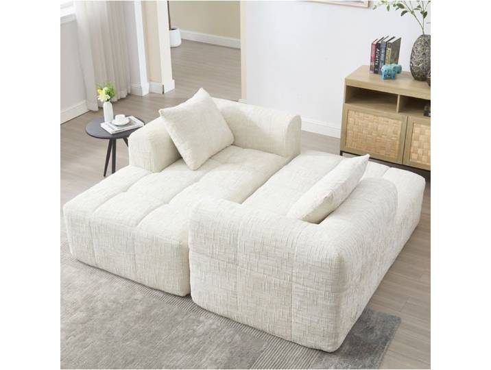 Canapé chaise longue confortable sans montage tissu doux avec coussin poches latérales beige