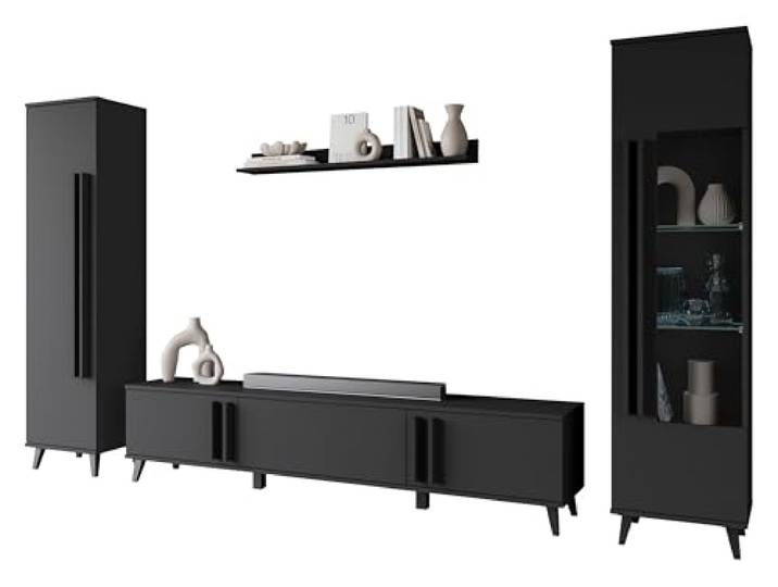 Mirjan24 Wohnzimmer-Set Hailea II, Wohnzimmerschrank, Schrankwand, im Set: Regal, Vitrine, Wandregal, TV-Lowboard (Schwarzer Graphit, ohne Beleuchtung)