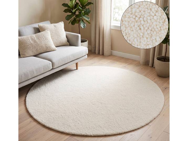 Wollteppich THEKO Royal Berber Uni , weiss (weiß), H:18mm Ø:100cm, Schurwolle, Teppiche, Wollteppich, Berber Optik, reine Wolle, auch in rund, Wohnzimmer, Schlafzimmer