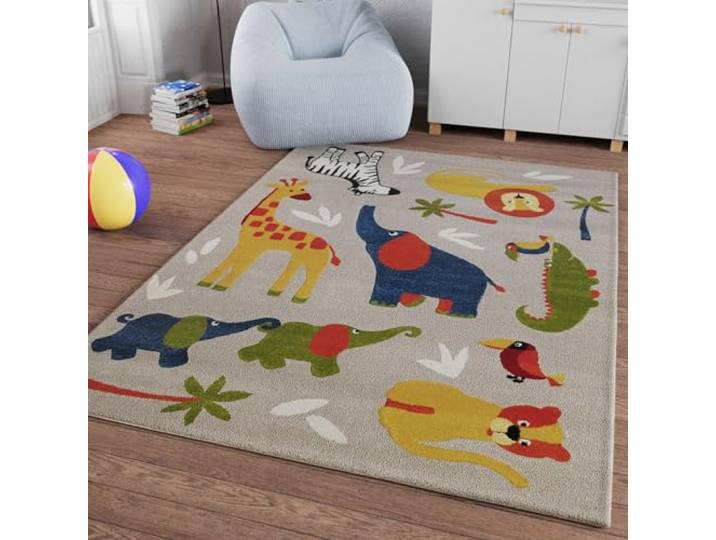 Smart Kids Benny & Friends Kinderteppich, 160 x 230 cm, Sand beige meliert Gewebter Kinderteppich, Entdecke die bunte Safari mit Krokodilen, Elefanten, Giraffen und Zebras