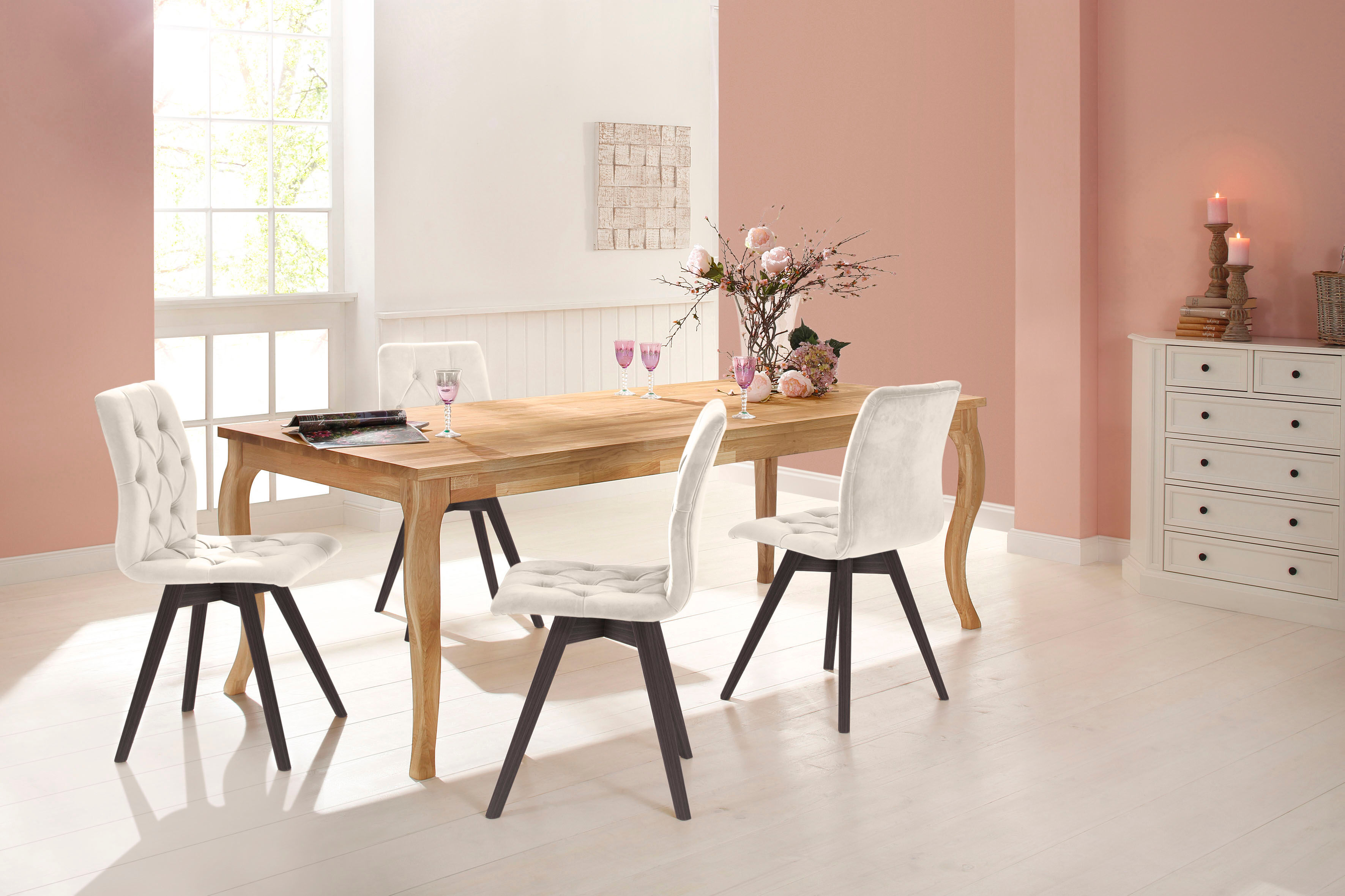 Esszimmerstuhl OTTO HOME "Rania", beige (creme, wenge), B:45cm H:91cm T:55cm, Holzwerkstoff, Massivholz, Polyester, Stühle, Esszimmerstuhl, mit Massivholzbeinen