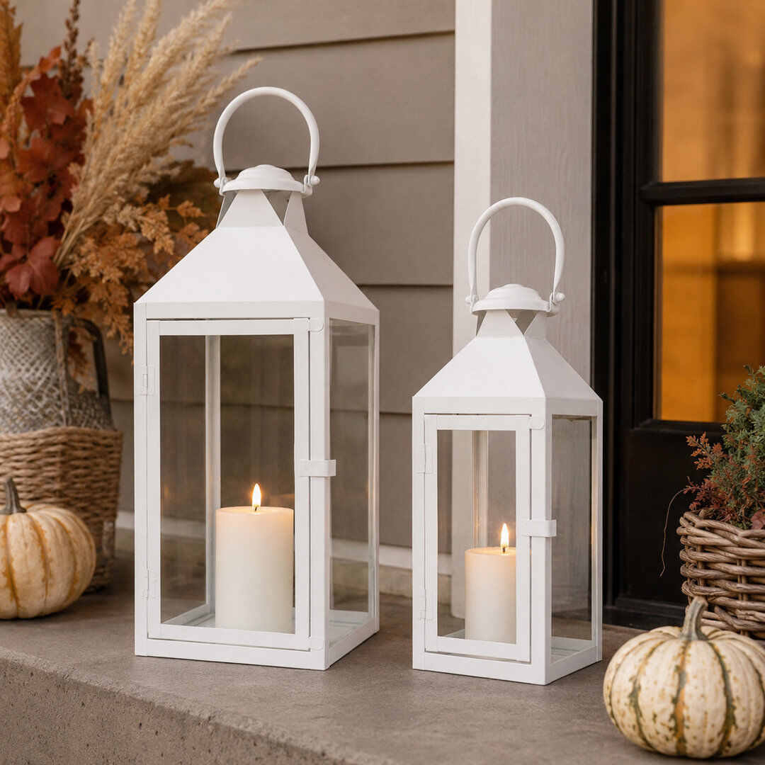 Breakwater Bay JHY DESIGN Set of 2 Metal Lanterns with Tempered Glass Farmhouse Candle Holders White
