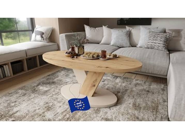 designimpex Design Couchtisch Lova Eiche Artisan/Beige matt 110x45x60 cm oval Couch Table Ablage Stubentisch Living Room Table Moderne Tische ovaler Wohnzimmertisch Sofa Wohnzimmer Küchentisch