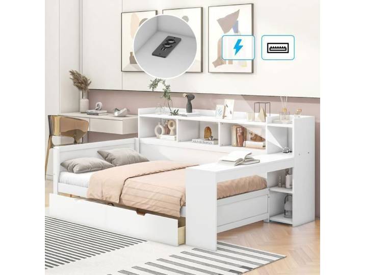 Lit simple - MISNODE - 90 x 200 cm - Blanc - Avec rangement - 2 tiroirs et bureau