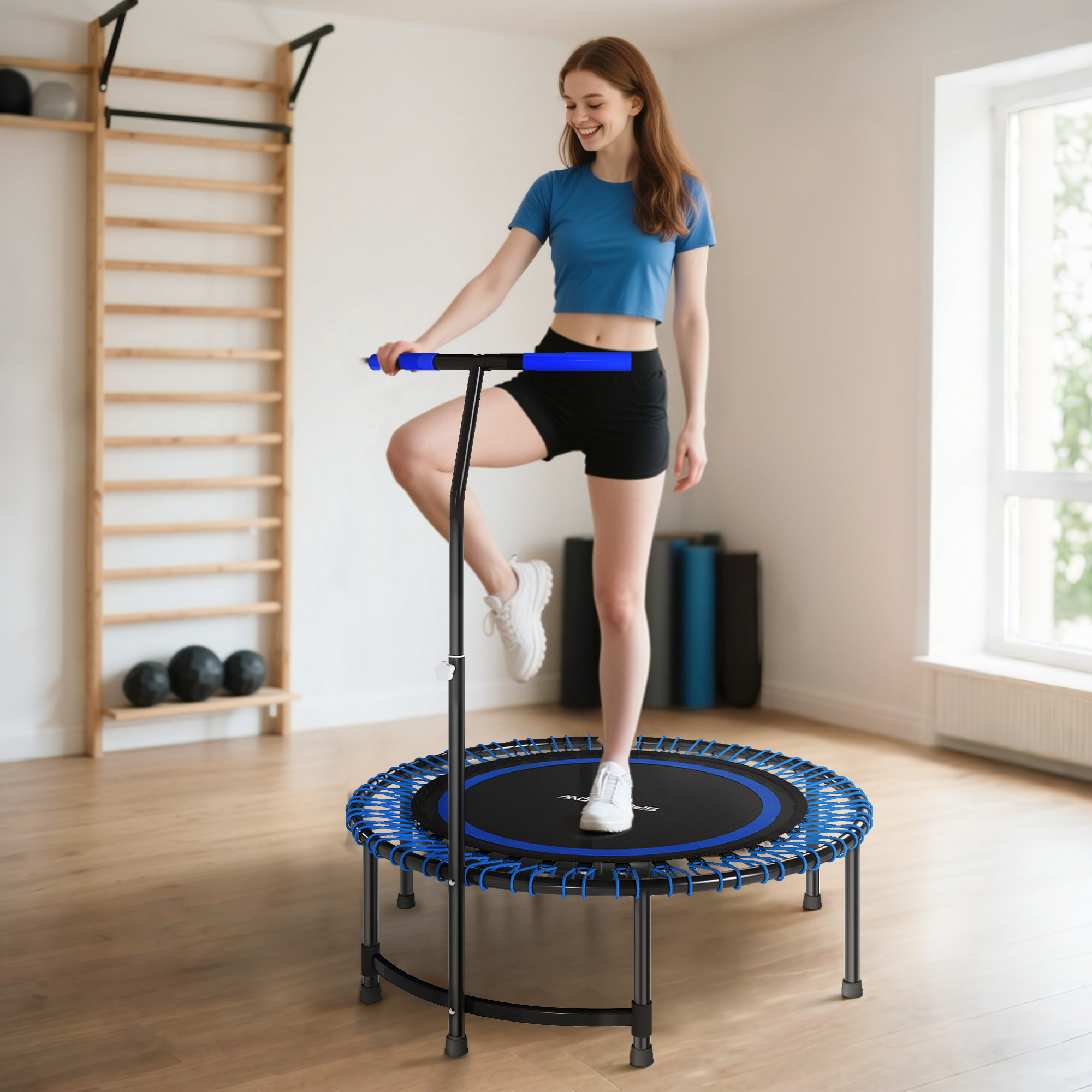 Sportnow Trampolino Fitness Ø145 cm con Manubrio Regolabile su 5 Posizioni, 36 Molle Bungee e Capacità 150 kg, Blu   Aosom Italy
