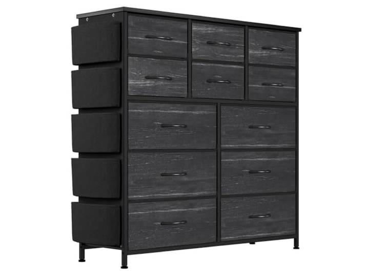 GarveeLife Hohe Flurkommode Mit 12 Stoffschubladen - Holzplatte & Metallrahmen Im Industrie-Look 5 Seitentaschen Haken Großer Aufbewahrungsschrank Für Diele/Schlafzimmer