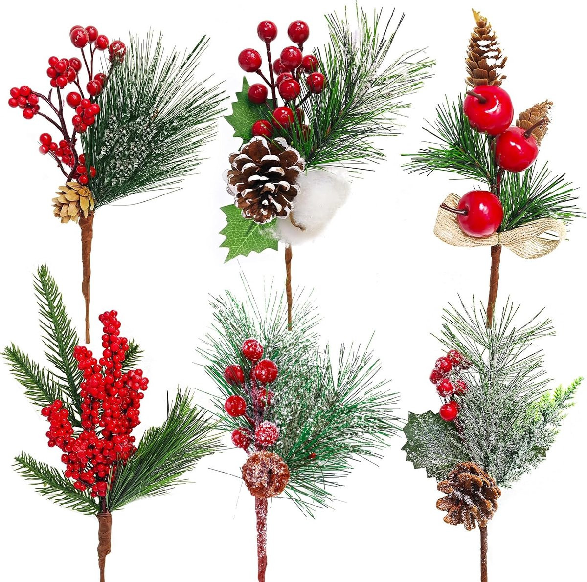 Set van 6 kunstdennentakken met rode bessen en dennenappels voor kerstdecoratie