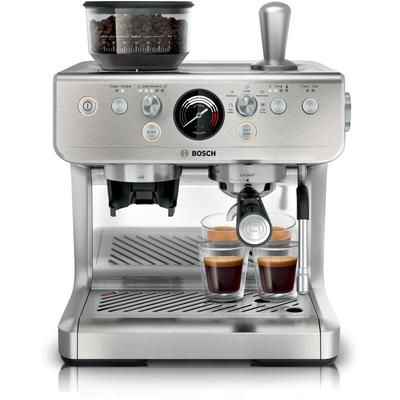 BOSCH Espressomaschine "Bosch halbautomatische Siebträgermaschine HomeCafé Serie 4", silber (edelstahl), B:33,8cm H:41,3cm T:34,7cm, Kaffeemaschinen, Integriertes Mahlwerk, 58mm-Siebträger, 30 Mahlgrade, 5 Direktwahl, Espressomaschine