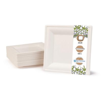 BIOZOYG 500 Stück Einwegteller quadratisch 26x26cm Bio Geschirr Zuckerrohr Teller stabil biologisch abbaubar kompostierbar Bagasse Einwegteller