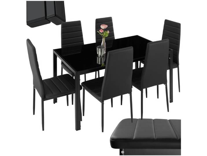 Ensemble table et chaises repas - TECTAKE - Ensemble dîner BRANDENBURG avec 6 chaises rembourrées 130 cm x 70 cm x 75 cm - Noir/Noir