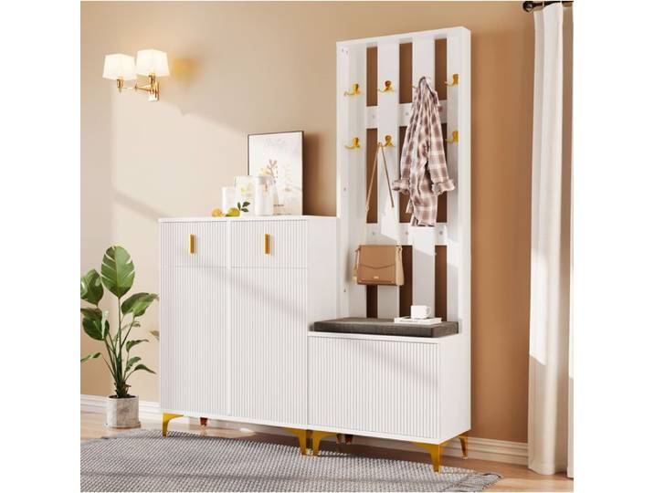 WOVREO Ensemble d'entrée blanc avec banc à chaussures 2 tiroirs 2 portes coussin et porte-manteaux