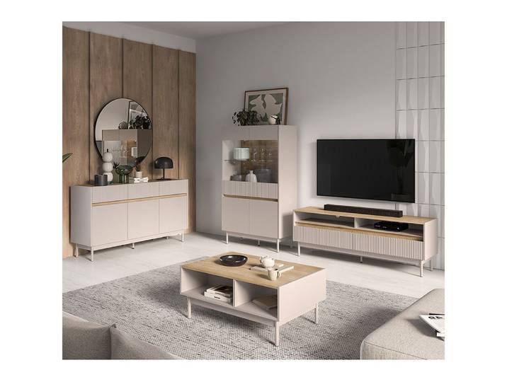 Lomadox Wohnzimmer-Set DINAR-131, (Mega-Spar-Set, 4-St., Vitrinenschrank), kaschmir Eiche-Dekor modern Metallfüße grifflos Rillen LED Beleuchtung