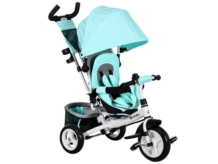 Homcom 6-In-1 Dreirad mit Schubstange, Kinderdreirad mit abnehmbarem Sonnendach Grün, Metall, 49x102x102 cm, Spielzeug, Kinderfahrzeuge
