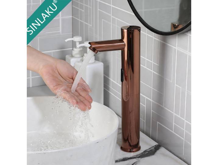 Robinet de salle de bain automatique sans contact SINLAKU, robinet de lavabo en or rose, mitigeur intelligent mains libres avec capteur infrarouge