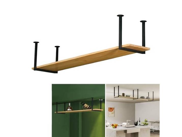 Renmlion Deckenregal Schwebende Dekorationsregale, Deckenhängeregal aus Holz und schwarzem Metall Eisenrahmen Lagerregal, Wandmontage Weinglasregal für Küche, Wohnzimmer, Restaurant, Bar(150x30x40cm)