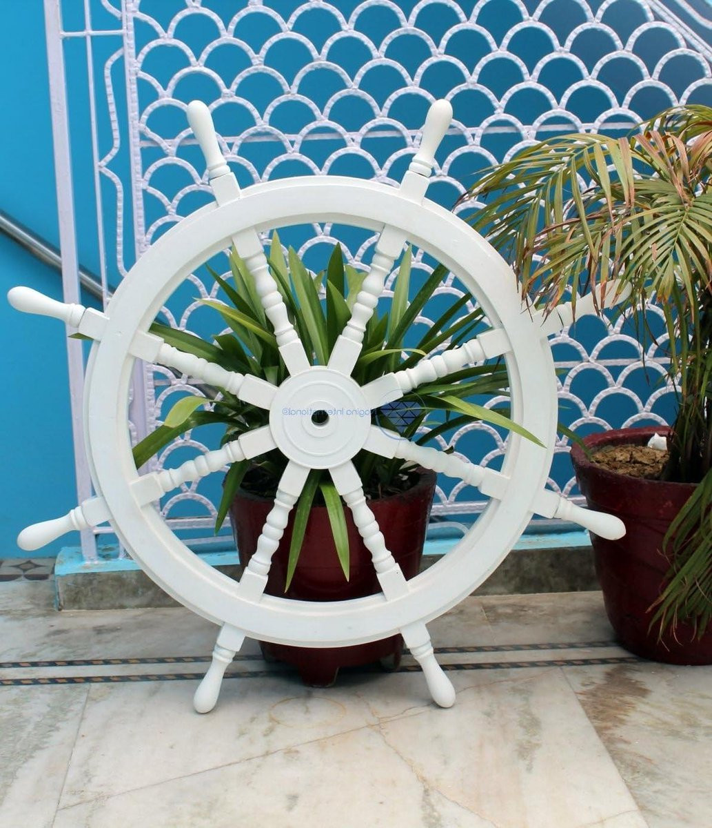 Houten Scheepsrad Wit Gewassen - Decoratief Maritiem Wiel - 91 cm