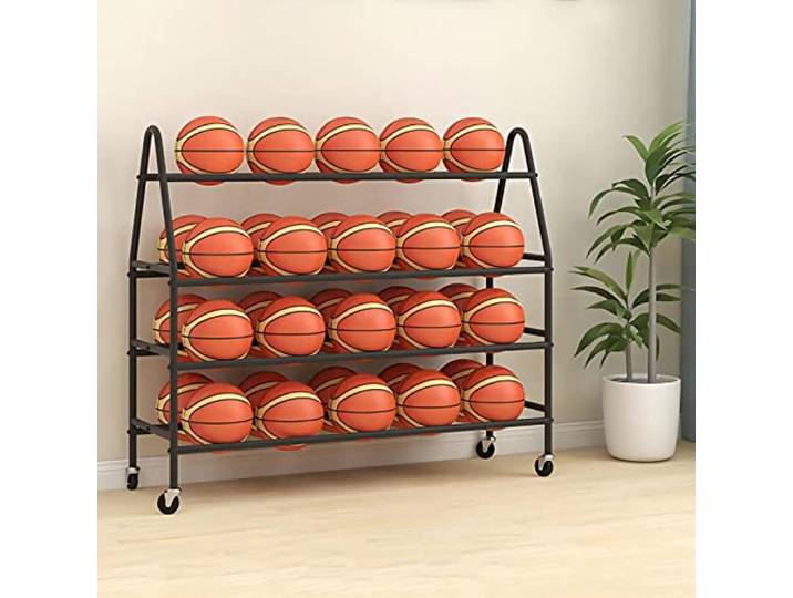 Aufbewahrung Regal Für Fußball Basketball 4-stöckiges Kugelwagen Mit Rädern Platzsparend Ball Halter Aufbewahrung Für Rugby Volleyball Fußball, Basketball-Regal(Black,140cm)
