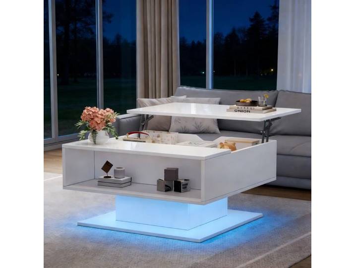 BEL Table Basse 80x75x40cm Blanche Hydraulique Laquée Brillante Rangement Géométrique